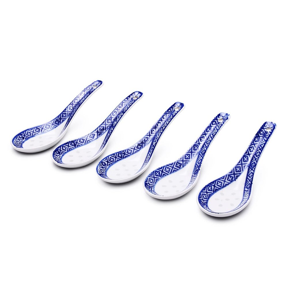 Bulk Spoons Set 5Pcs White Porcelain Spoons Blue Patterned Asian Ceramics Soup SpoonHot Rice Scoop Spoon Kitchen Tableware Stir Spoon 5.1in Spoons for Eating