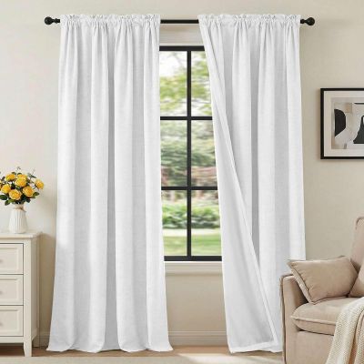 H.VERSAILTEX Linen Look 100% Blackout Curtains 95 Inches Long for Bedroom Full Light Blocking Rod Pocket Linen Textured Thick Window Curtain Drapes with White Backing, Pure White, 2 Panels