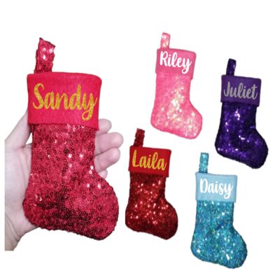Custom Mini Christmas Stockings Cheetah Sparkle Monogram Custom Sequin Cute Glitter Bling Personalized Name Tree Ornaments Decorative Office Work Baby Cheetah Zebra (Cheetah)