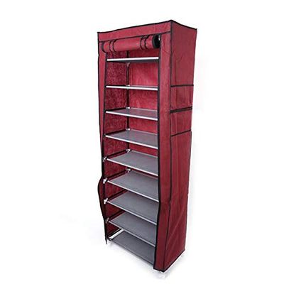 9 Tier Shoe Rack, Space Saving Portable Shoe Rack Storage Organizer, 10 Tiers 9 Lattices Non-Woven Waterproof Fabric Cover Shoe Rack (Wine Red, 10 Tiers 9 Lattices)