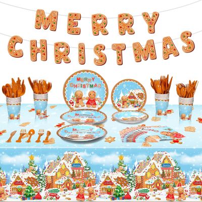 172 Pcs Gingerbread Christmas Party Supplies Serve 24 Guests Including Merry Christmas Banner Gingerbread Plates Cups Napkins Forks Spoons Knives for Holiday Gingerbread Man Party Decorations