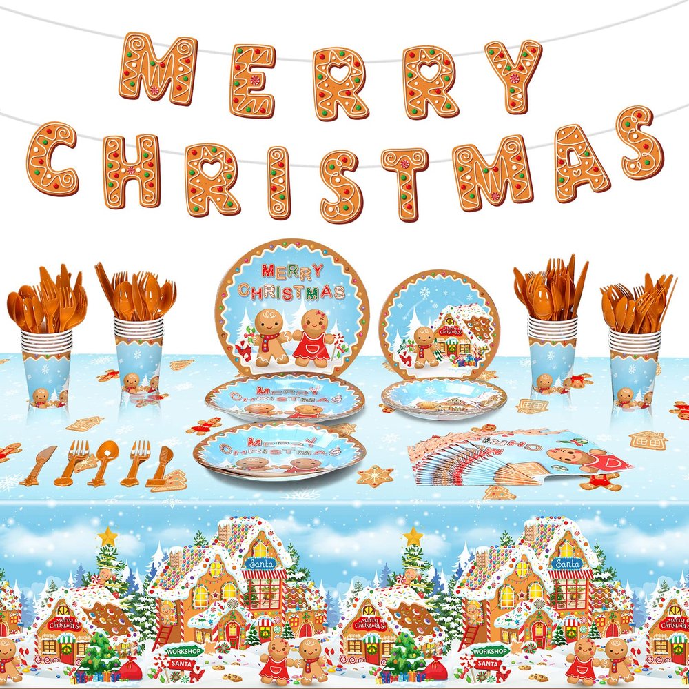 172 Pcs Gingerbread Christmas Party Supplies Serve 24 Guests Including Merry Christmas Banner Gingerbread Plates Cups Napkins Forks Spoons Knives for Holiday Gingerbread Man Party Decorations