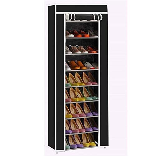 9 Tier Space Saving Portable Shoe Rack Storage Organizer, 10 Tiers 9 Lattices Non-Woven Waterproof Fabric Cover (Black, 10 Tiers 9 Lattices)