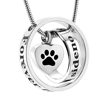 SHEIL Dog/Cat Paw Print Heart Urn Necklace- No Long by My Side,Forever in My Heart Cremation Jewelry for Ashes for Pet Keepsake