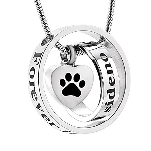 SHEIL Dog/Cat Paw Print Heart Urn Necklace- No Long by My Side,Forever in My Heart Cremation Jewelry for Ashes for Pet Keepsake