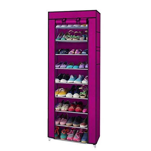 9 Tier Shoe Rack, Space Saving Portable Storage Organizer, 10 Tiers 9 Lattices Non-Woven Waterproof Fabric Cover Shoe Rack (Rose Red, 10 Tiers 9 Lattices)
