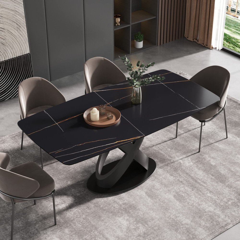 Modern Dining Table, Black Sintered Stone Tabletop Dining Table with Black X-Shaped Solid Carbon Steel Base, 70.8" Rectangular Dining Table for 6-8