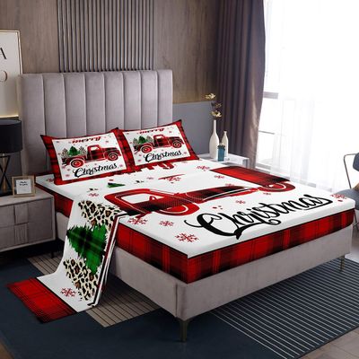 Manfei Xmas Truck Sheet Set Twin Size, Christmas Tree Snowflake Bedding Set for Kid Girls, New Year Theme Red Plaid Print Bed Sheet Set 3pcs with Deep Pocket Fitted Sheet + Flat Sheet + 1 Pillowcase