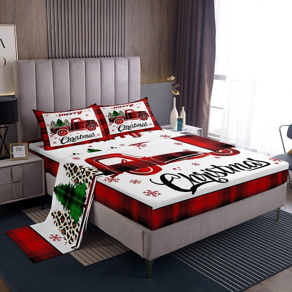 Manfei Xmas Truck Sheet Set Twin Size, Christmas Tree Snowflake Bedding Set for Kid Girls, New Year Theme Red Plaid Print Bed Sheet Set 3pcs with Deep Pocket Fitted Sheet + Flat Sheet + 1 Pillowcase