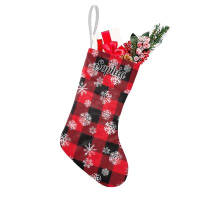 SunFancyCustom Personalized Christmas Stocking Snowflakes Red Buffalo Plaid Santa Socks with Name Custom for Xmas Party Decoration Gift for Family Friends 17.52 x 7.87 Inch
