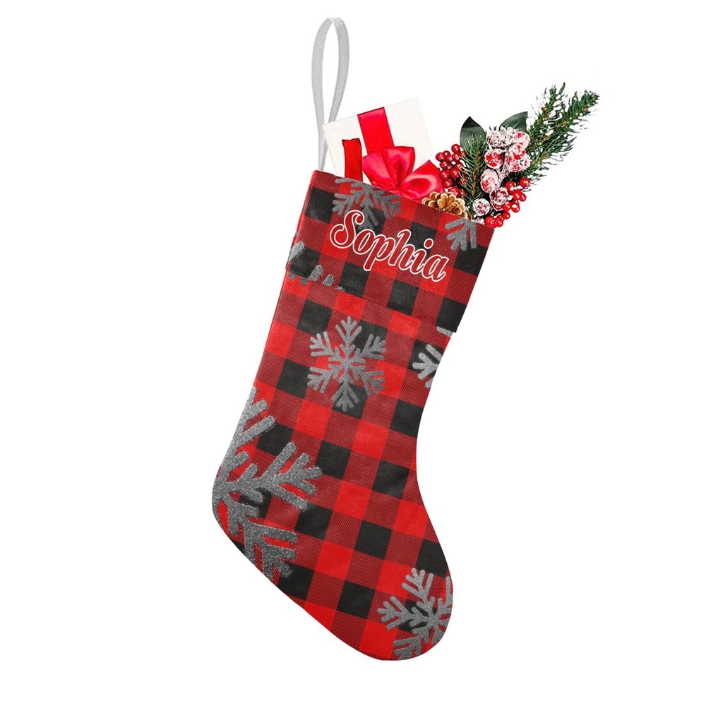 Red Buffalo Plaid Snowflakes Christmas Stockings Custom Personalized Name Xmas Festive Gift Decor Family Party 17.52 x 7.87 Inch