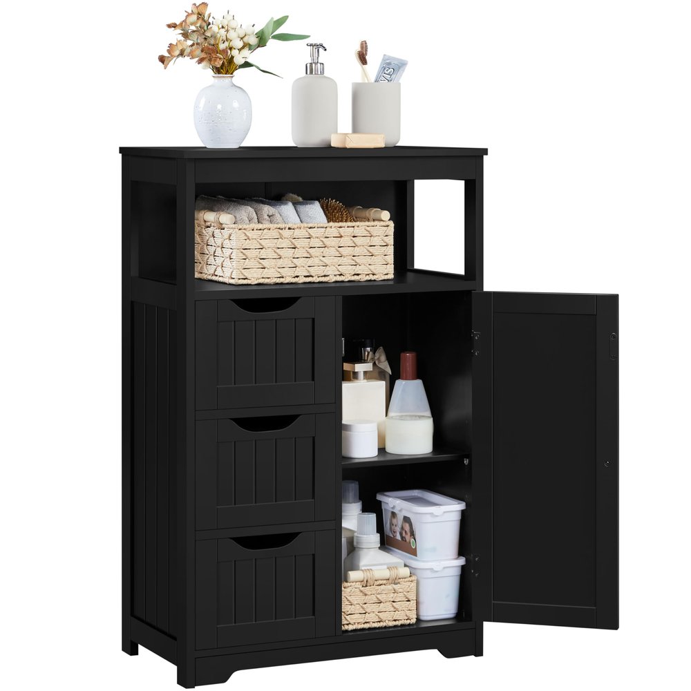 Yaheetech Bathroom Floor Cabinet, Free Standing Wooden Storage Cabinet Multiple Tiers Storage Organizer for Bathroom/Living Room/Entryway, Black