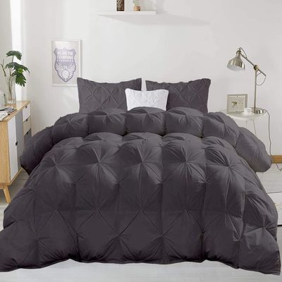 SOFT MERCANTILE Dark Gray Color 5 Pcs Pinch Pleated Super King Size Comforter Set (Comforter + 4 Pillow Cases) 800 Series Egyptian Cotton Duvet Insert