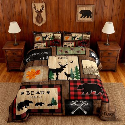 Manfei Rustic Comforter Set Twin Size, Wildlife Deer Bear Trees Print Quilt Set with 1 Pillowcase, Farmhouse Style Camping Bedding Set 2pcs for Kids Boys Teens Bedroom Decor