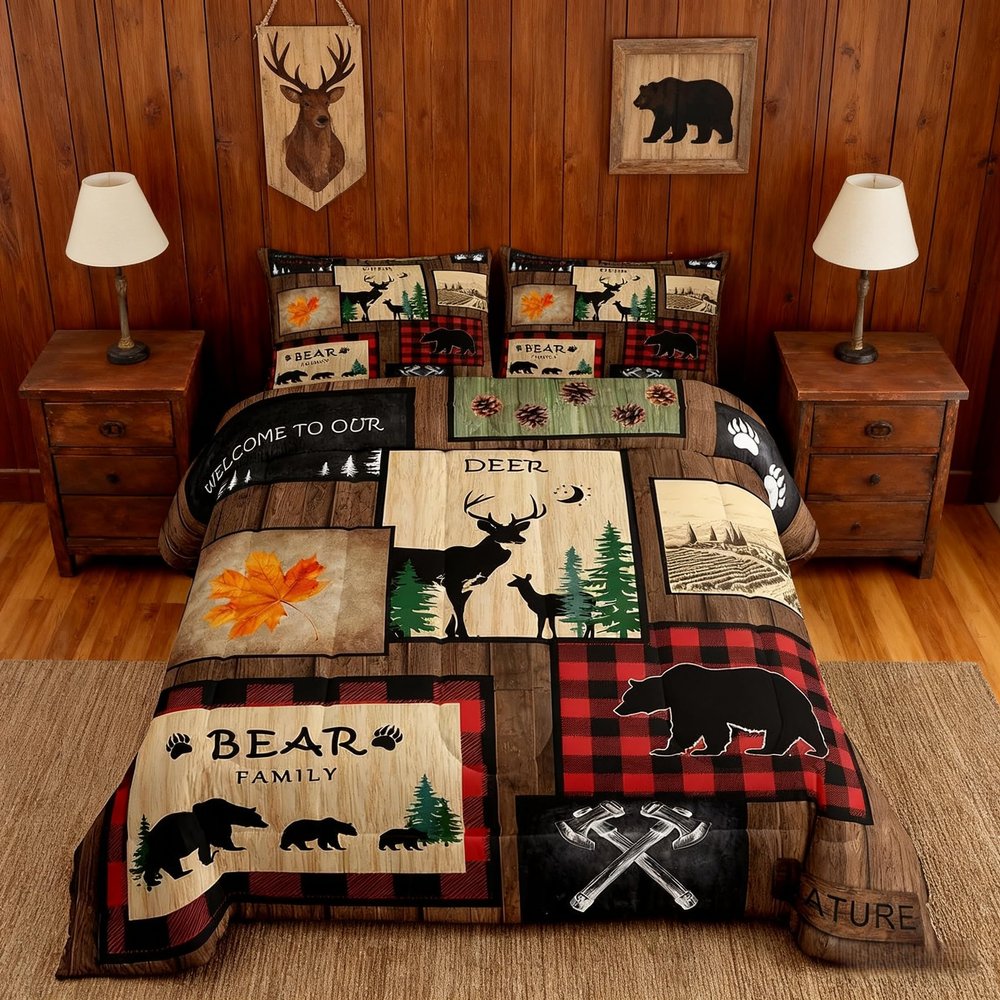 Manfei Rustic Comforter Set Twin Size, Wildlife Deer Bear Trees Print Quilt Set with 1 Pillowcase, Farmhouse Style Camping Bedding Set 2pcs for Kids Boys Teens Bedroom Decor