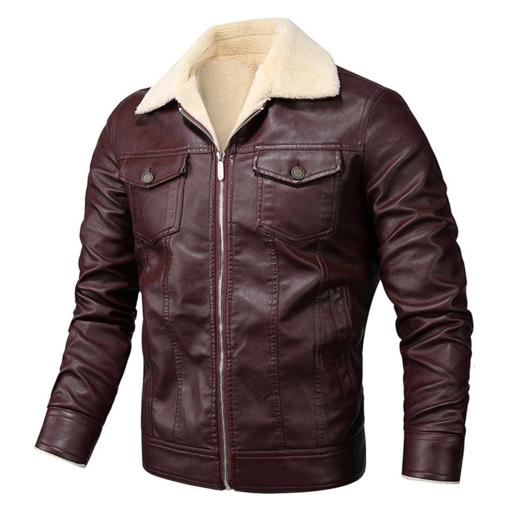 Maiyifu-GJ Men Sherpa Lined Faux Leather Jacket Winter Fleece Lapel Motorcycle Coat Vintage Fur Collar Jacket Leather Jacket (Brown,3X-Large)
