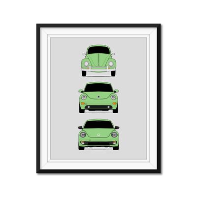 Custom Car Posters Handmade Poster compatible with Volkswagen Beetle Generations and Print of VW Beetle (Type 1, New Beetle, A5) - Green, 17x22" Satin Print (Unframed)