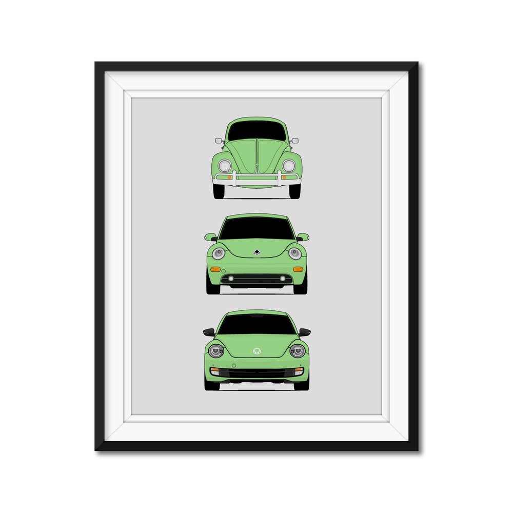 Custom Car Posters Handmade Poster compatible with Volkswagen Beetle Generations and Print of VW Beetle (Type 1, New Beetle, A5) - Green, 17x22" Satin Print (Unframed)
