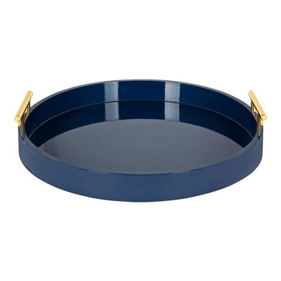 Blue Gorgeous Round Ottoman Tray for Living Room 15.5" Diameter Size, Wood Material, Silver Metal Handles, Modern & Contemporary Style, Glossy Finish | Pretty Navy Shade, Sturdy and Highly Durable