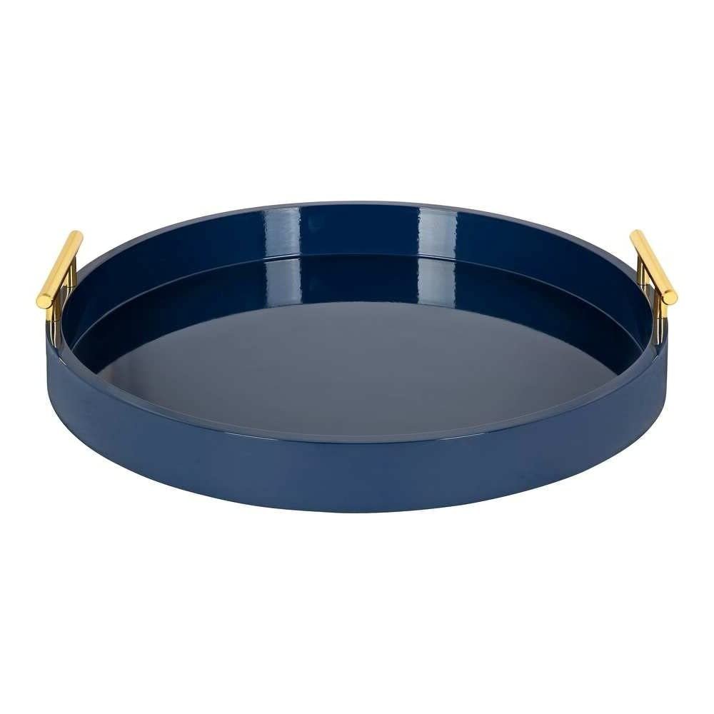 Blue Gorgeous Round Ottoman Tray for Living Room 15.5" Diameter Size, Wood Material, Silver Metal Handles, Modern & Contemporary Style, Glossy Finish | Pretty Navy Shade, Sturdy and Highly Durable