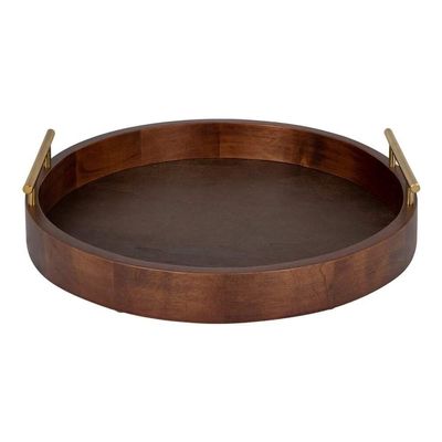 Brown Gorgeous Round Ottoman Tray for Living Room 18" Diameter Size, Wood Material, Gold Metal Handles, Modern & Contemporary Style, Glossy Finish | Pretty Walnut Shade, Sturdy and Highly Durable