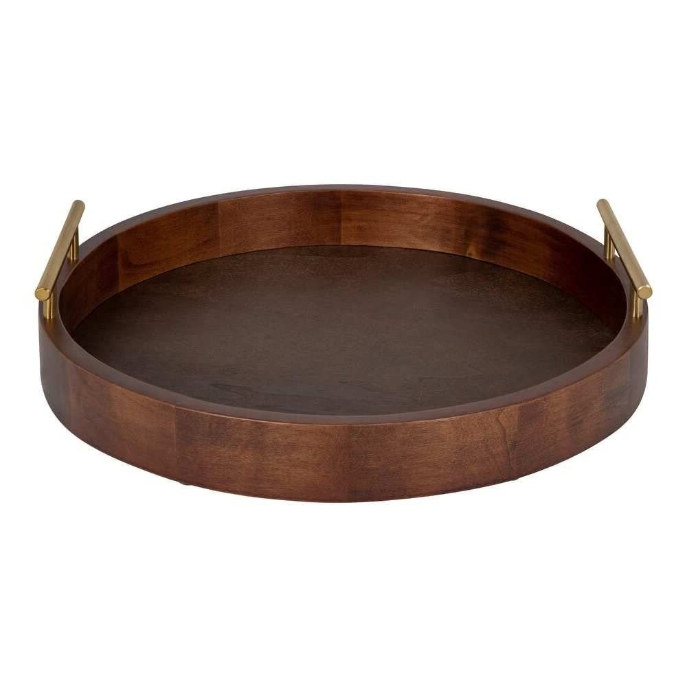 Brown Gorgeous Round Ottoman Tray for Living Room 18" Diameter Size, Wood Material, Gold Metal Handles, Modern & Contemporary Style, Glossy Finish | Pretty Walnut Shade, Sturdy and Highly Durable