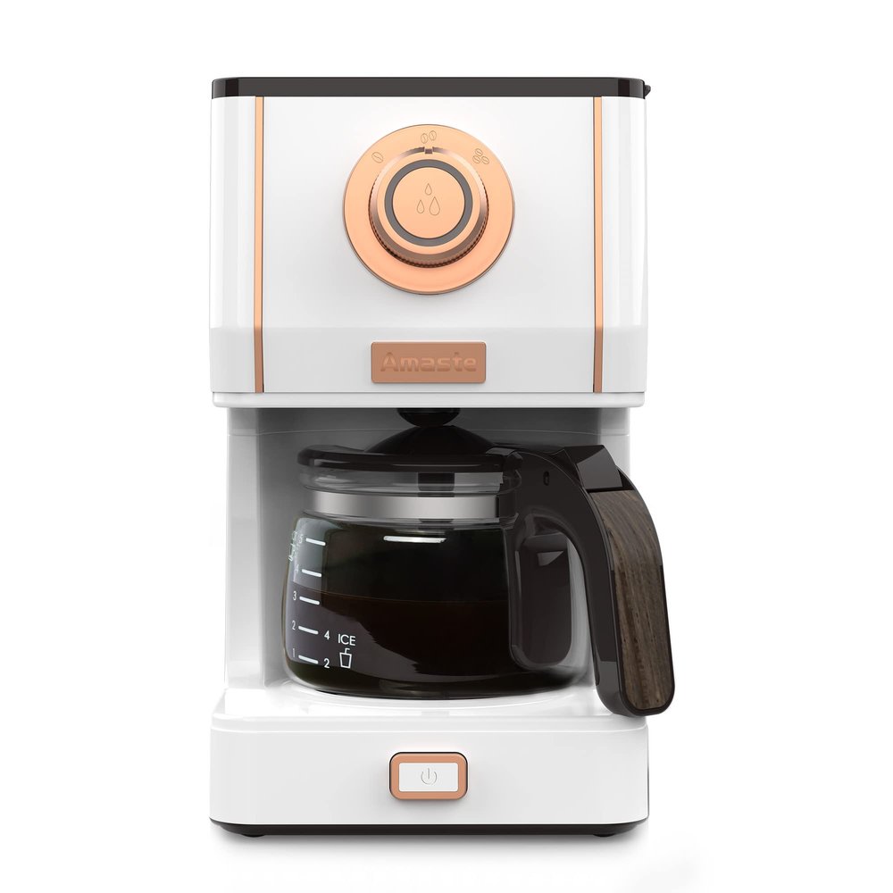 Amaste Retro Style Coffee Machine with 25 Oz Glass Coffee Pot, Reusable Coffee Filter & Three Brewing Modes, 30minute-warm-keeping, Elegant White with Rose Gold