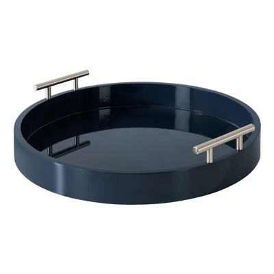 Blue Gorgeous Round Ottoman Tray for Living Room 15.5" Diameter Size, Wood Material, Silver Metal Handles, Modern & Contemporary Style, Glossy Finish | Pretty Navy Shade, Sturdy and Highly Durable