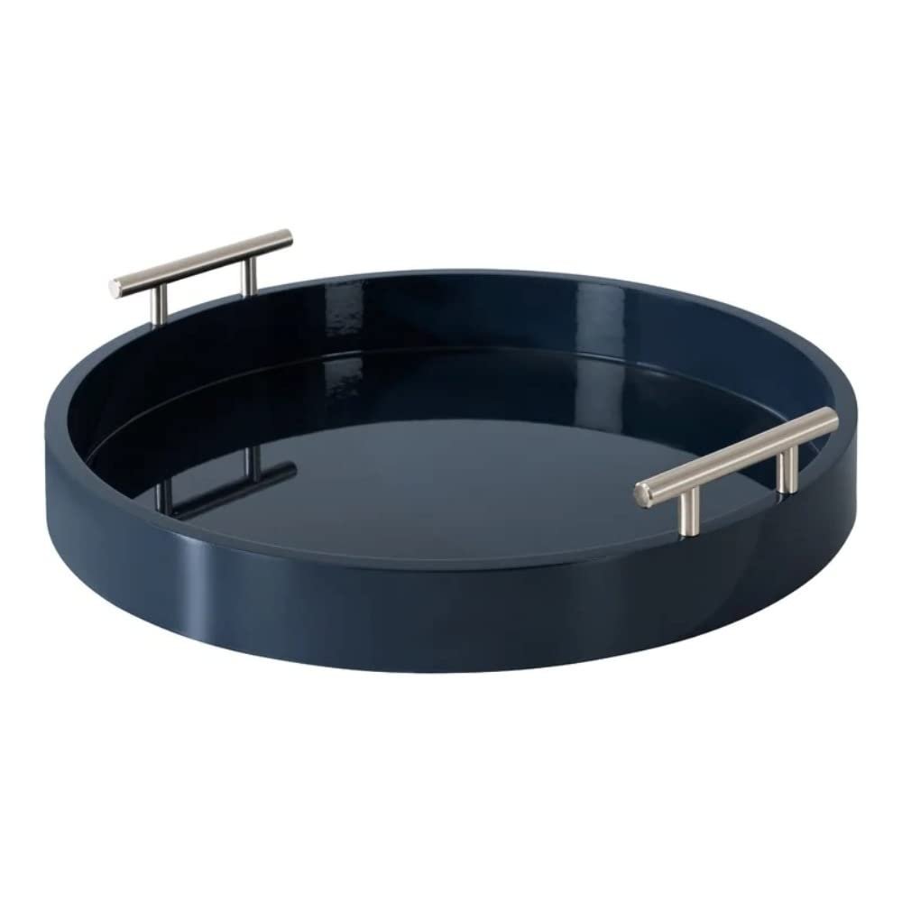 Blue Gorgeous Round Ottoman Tray for Living Room 15.5" Diameter Size, Wood Material, Silver Metal Handles, Modern & Contemporary Style, Glossy Finish | Pretty Navy Shade, Sturdy and Highly Durable