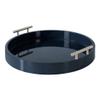 Blue Gorgeous Round Ottoman Tray for Living Room 15.5" Diameter Size, Wood Material, Silver Metal Handles, Modern & Contemporary Style, Glossy Finish | Pretty Navy Shade, Sturdy and Highly Durable view 1