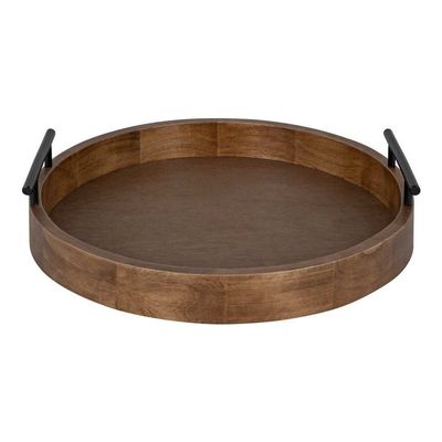 Brown Gorgeous Round Ottoman Tray for Living Room 15.5" Diameter Size, Wood Material, Silver Metal Handles, Modern & Contemporary Style, Glossy Finish | Pretty Rustic Shade, Sturdy and Highly Durable