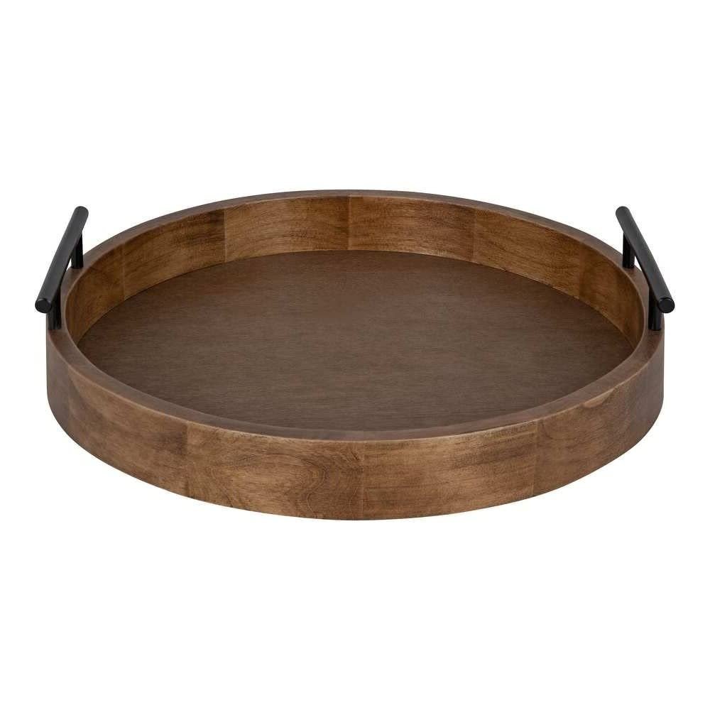 Brown Gorgeous Round Ottoman Tray for Living Room 15.5" Diameter Size, Wood Material, Silver Metal Handles, Modern & Contemporary Style, Glossy Finish | Pretty Rustic Shade, Sturdy and Highly Durable