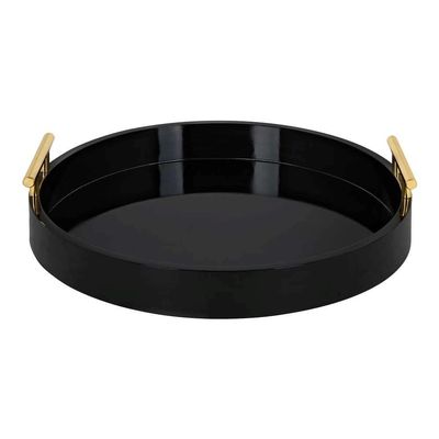 Black Gorgeous Round Ottoman Tray for Living Room 18" Diameter Size, Wood Material, Gold Metal Handles, Modern & Contemporary Style, Glossy Finish | Pretty Coal Shade, Sturdy and Highly Durable