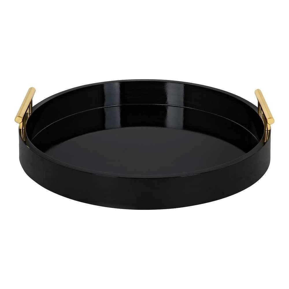 Black Gorgeous Round Ottoman Tray for Living Room 18" Diameter Size, Wood Material, Gold Metal Handles, Modern & Contemporary Style, Glossy Finish | Pretty Coal Shade, Sturdy and Highly Durable