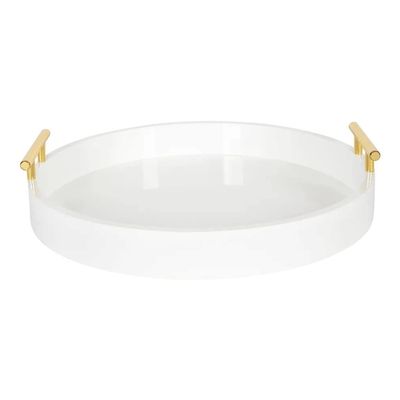 White Gorgeous Round Ottoman Tray for Living Room 15.5" Diameter Size, Wood Material, Gold Metal Handles, Modern & Contemporary Style, Glossy Finish | Pretty Ivory Shade, Sturdy and Highly Durable