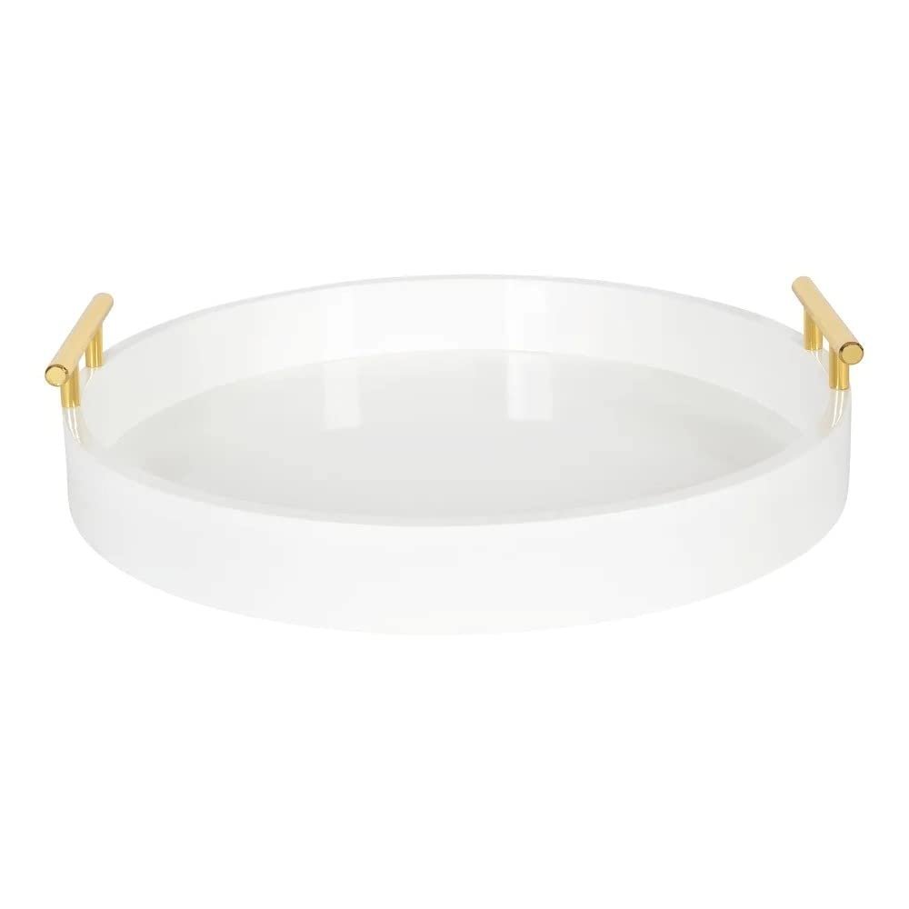 White Gorgeous Round Ottoman Tray for Living Room 15.5" Diameter Size, Wood Material, Gold Metal Handles, Modern & Contemporary Style, Glossy Finish | Pretty Ivory Shade, Sturdy and Highly Durable