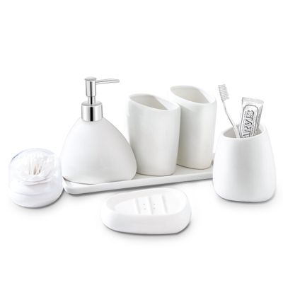 BLBYHO Ceramic Bathroom Accessory Set, 7 Pieces Countertop Accessories, Include Soap Dispenser, Toothbrush Holder, 2 Tumbler Cup, Soap Dish, Plastic Vanity Tray, Qtip Holder (White)