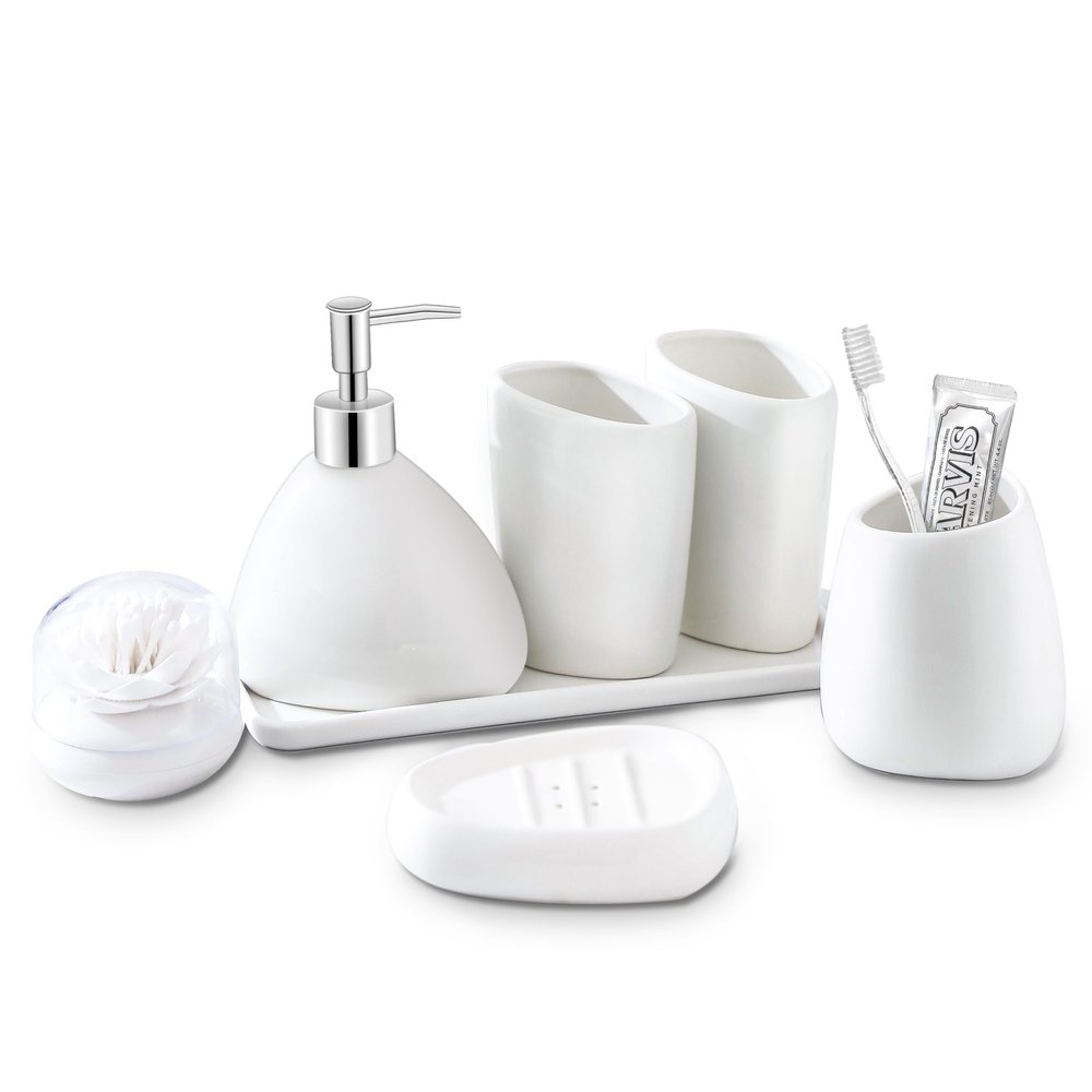 BLBYHO Ceramic Bathroom Accessory Set, 7 Pieces Countertop Accessories, Include Soap Dispenser, Toothbrush Holder, 2 Tumbler Cup, Soap Dish, Plastic Vanity Tray, Qtip Holder (White)