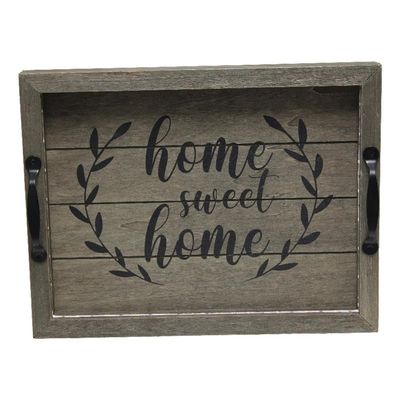 Elegant Designs HG2032-RGS Salento Farmhouse Rectangular Decorative LED Light Up Wooden Serving Tray w Metal Handles & Home Sweet Home in Black for Dcor, Centerpiece, Breakfast, Bar, Rustic Gray