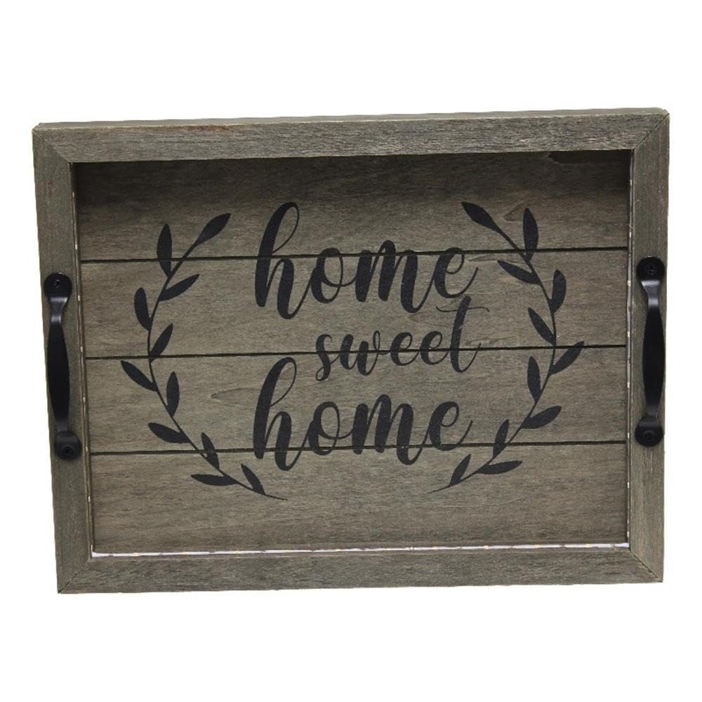 Elegant Designs HG2032-RGS Salento Farmhouse Rectangular Decorative LED Light Up Wooden Serving Tray w Metal Handles & Home Sweet Home in Black for Dcor, Centerpiece, Breakfast, Bar, Rustic Gray
