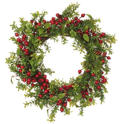 SilksAreForever 22" Artificial Garden Boxwood & Berry Wreath -Green/Red (Pack of 2)