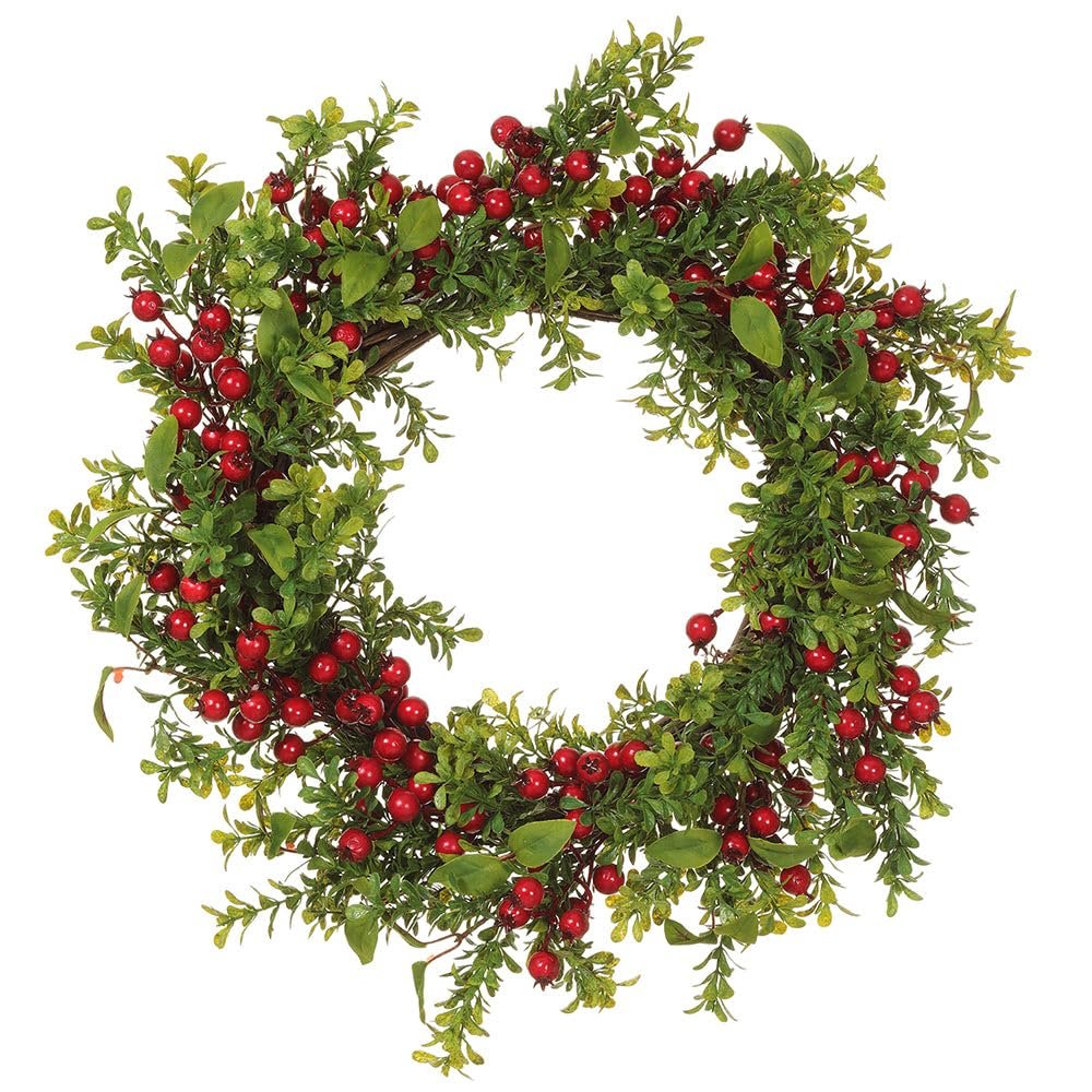 SilksAreForever 22" Artificial Garden Boxwood & Berry Wreath -Green/Red (Pack of 2)