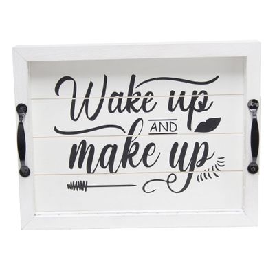 Elegant Designs HG2032-WWM Salento Farmhouse Rectangular Decorative LED Light Up Wooden Serving Tray w Metal Handles & Wake up and Make up in Black for Dcor, Centerpiece, Breakfast, Bar, Whitewash