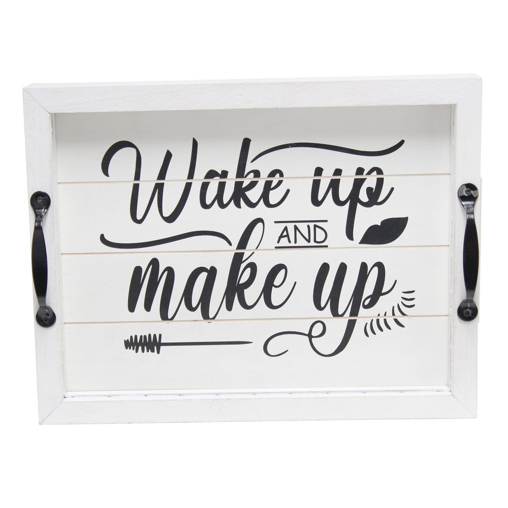 Elegant Designs HG2032-WWM Salento Farmhouse Rectangular Decorative LED Light Up Wooden Serving Tray w Metal Handles & Wake up and Make up in Black for Dcor, Centerpiece, Breakfast, Bar, Whitewash