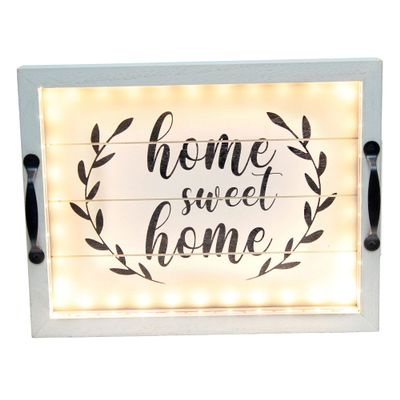 Elegant Designs HG2032-GHH Salento Farmhouse Rectangular Decorative LED Light Up Wooden Serving Tray w Metal Handles & Home Sweet Home in Black for Dcor, Centerpiece, Breakfast, Bar, Gray Wash
