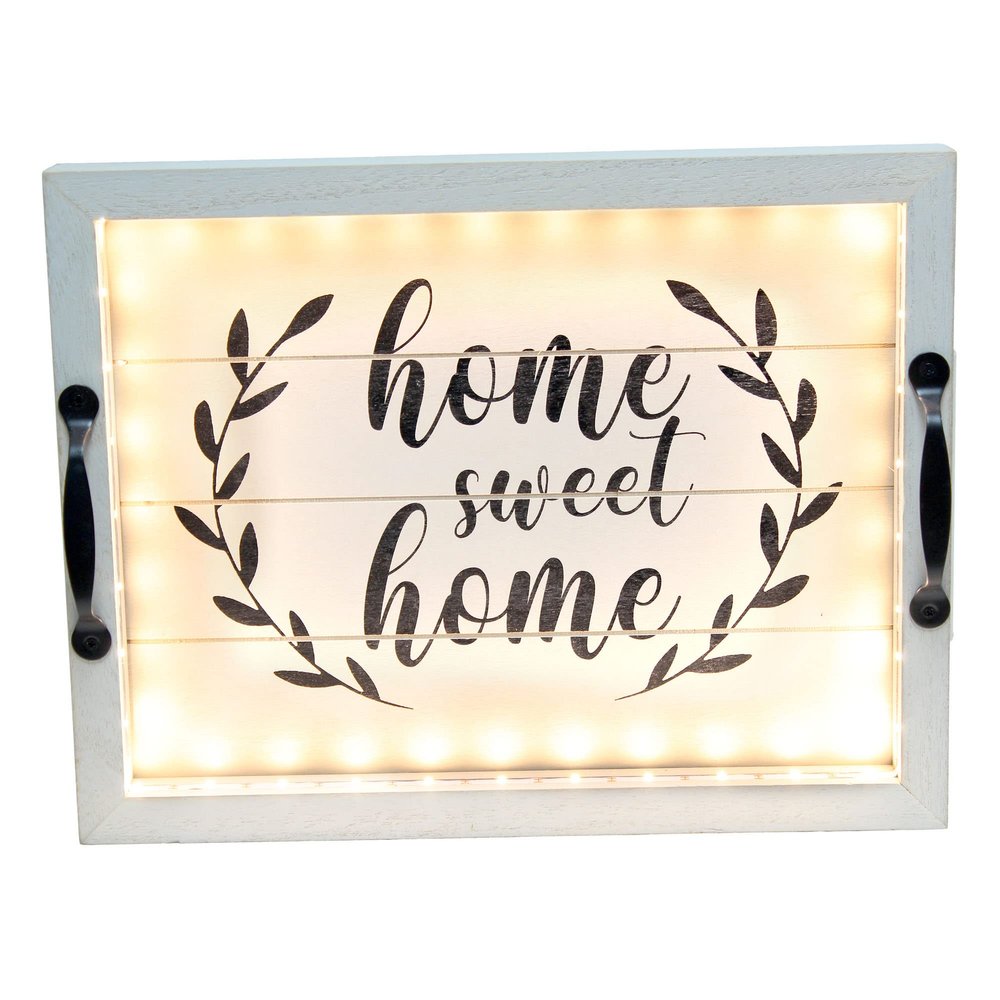Elegant Designs HG2032-GHH Salento Farmhouse Rectangular Decorative LED Light Up Wooden Serving Tray w Metal Handles & Home Sweet Home in Black for Dcor, Centerpiece, Breakfast, Bar, Gray Wash