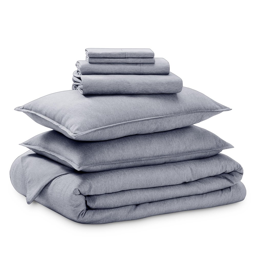 Bare Home Bed-in-A-Bag 7 Piece Comforter & Sheet Set - Queen - Goose Down Alternative - Ultra-Soft 1800 Premium Bedding Set - Cationic (Queen, Heathered Midnight Blue)