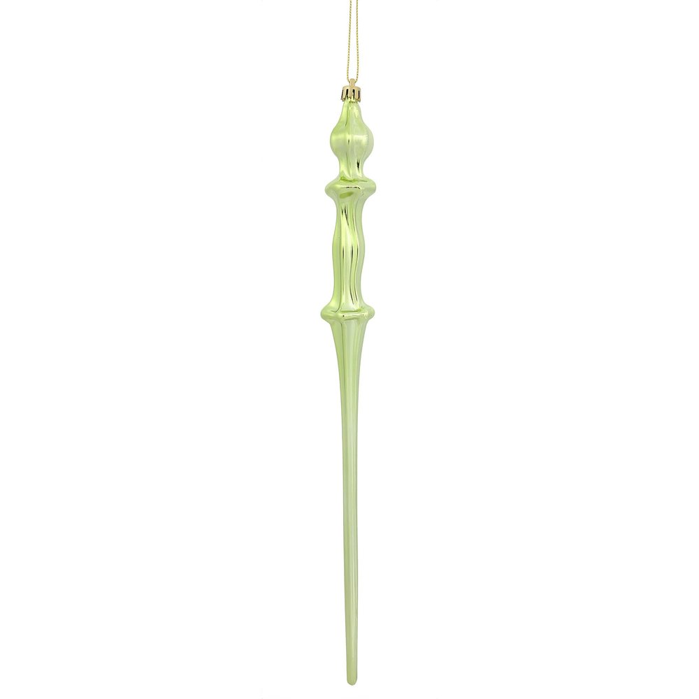 Vickerman 15.7" Celadon Shiny Icicle Ornament, with drilled and Wired caps. Comes 3 per Box.