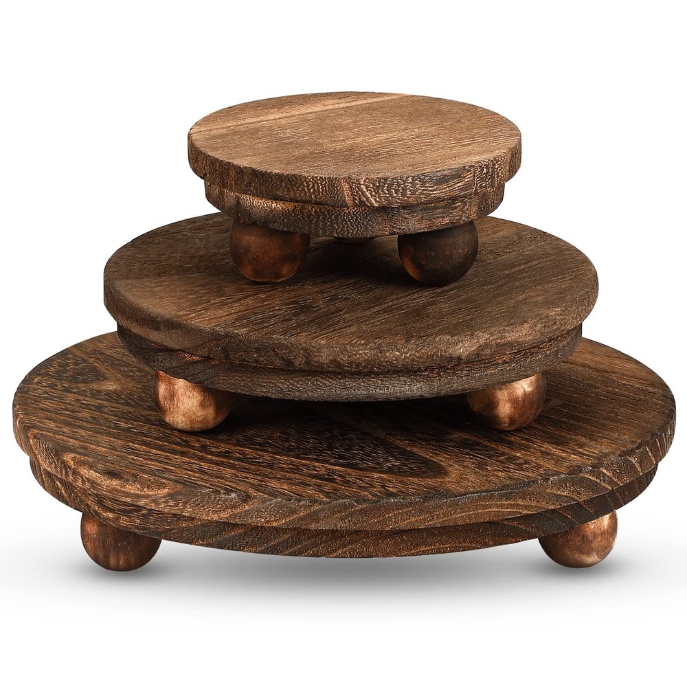 Amyhill 3 Pcs 8/6/4 Inch Wooden Risers for Display Wood Pedestal Stand Mini Tray Stand Round Wooden Pedestal Holder Rustic Riser for Decor Tiered Tray Decor Home Kitchen(Brown)