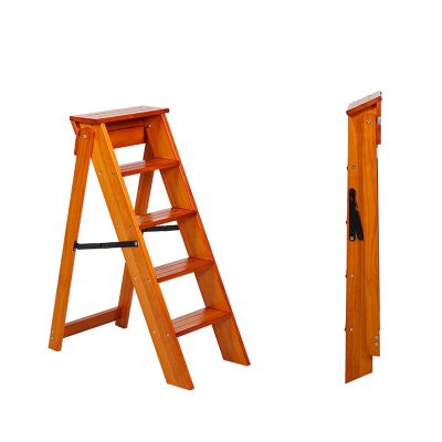 5 Step Wooden Ladder Stool Folding Stepladders Chair, Safety Non-Slip Wide Pedal Multifunction Stairway Ladders Shelf Flower Stand for Home Garden